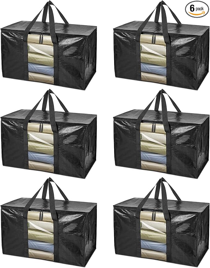 BALEINE 6-Pack Oversized Moving Bags with Reinforced Handles, Heavy-Duty Storage Tote Moving Supplies for Packaging, Camping (Black w/Window, 6-Pack)-NeatNest
