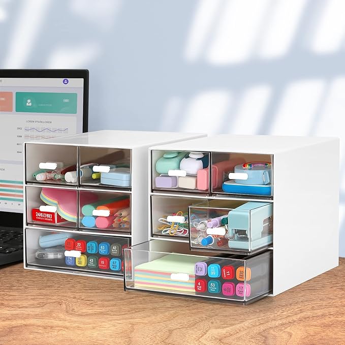 Desk Organizer with 5 Drawers, Rectangular Office Stationery Supplies Desktop Drawers, Plastic Makeup Storage, Suitable for Office, School, Home (White & 5 Drawers)-NeatNest