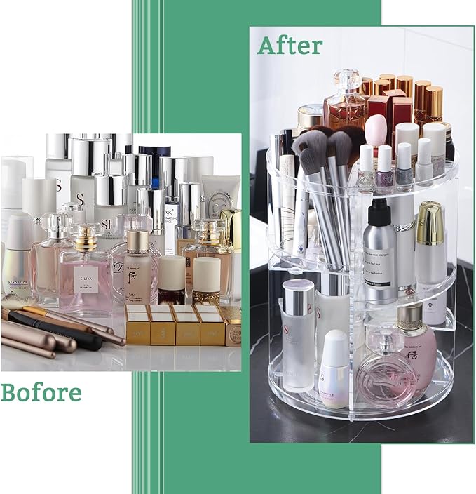 360 Rotating Makeup Organizer,DIY Adjustable Spinning Holder,Foldable Cosmetic Storage Display box,Large Capacity Make up Caddy Shelf,Fits Countertop Vanity and Bathroom (CLEAR)-NeatNest