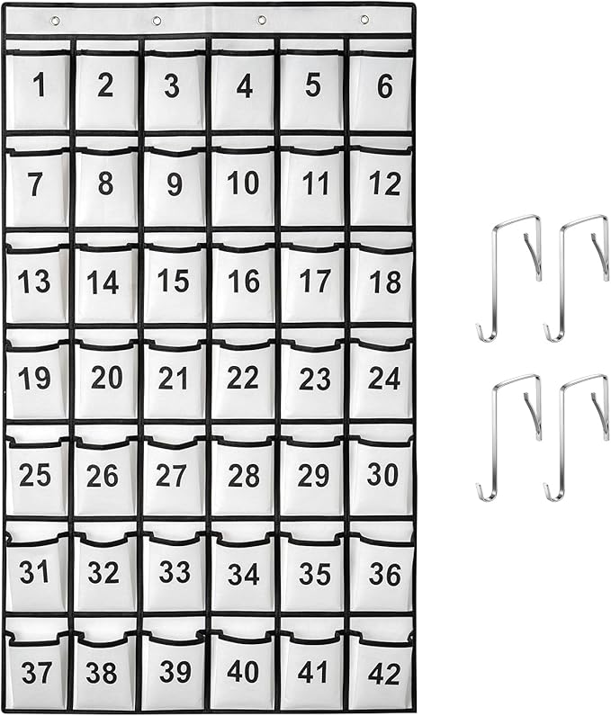 42 Pockets Numbered Classroom Pocket Chart for Cell Phones, Hanging Pocket Chart Storage for Classroom Phone Calculator Holder with 4 Hooks and 42 Clear Numbers Printing (White-42pockets)-NeatNest