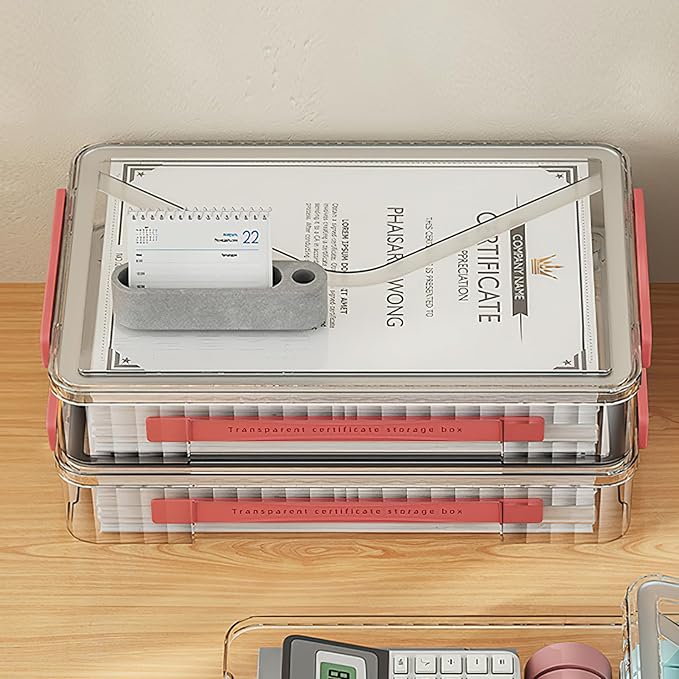 Lemical Clear File Box with Lids Portable Project Case for Storage A4 File Folder Box Stackable Storage Containers for Organizing 8.5 X 11 Paper, Magazines, Stamps, Photos, Cards (Red)