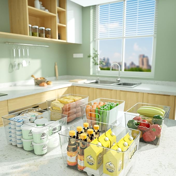 BALEINE Clear Plastic Storage Bins, Pantry Organization, BPA Free Stackable Refrigerator Organizers and Storage with Handles for Kitchen Fridge Cabinet Bathroom (8PK, 9.5x5.5x4.5)-NeatNest