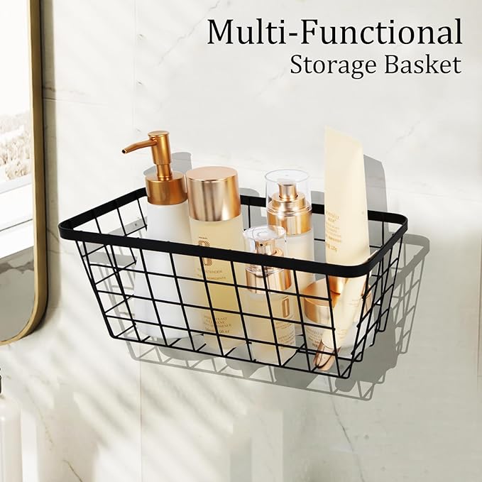 2 Pack Hanging Wall Basket Organizer Over the Cabinet Door Wire Baskets for Organizing -Space-Saving Hanging Baskets for Organizing Wall Mount Storage,No Drilling Adhesive Wall Storage Basket, Black-NeatNest