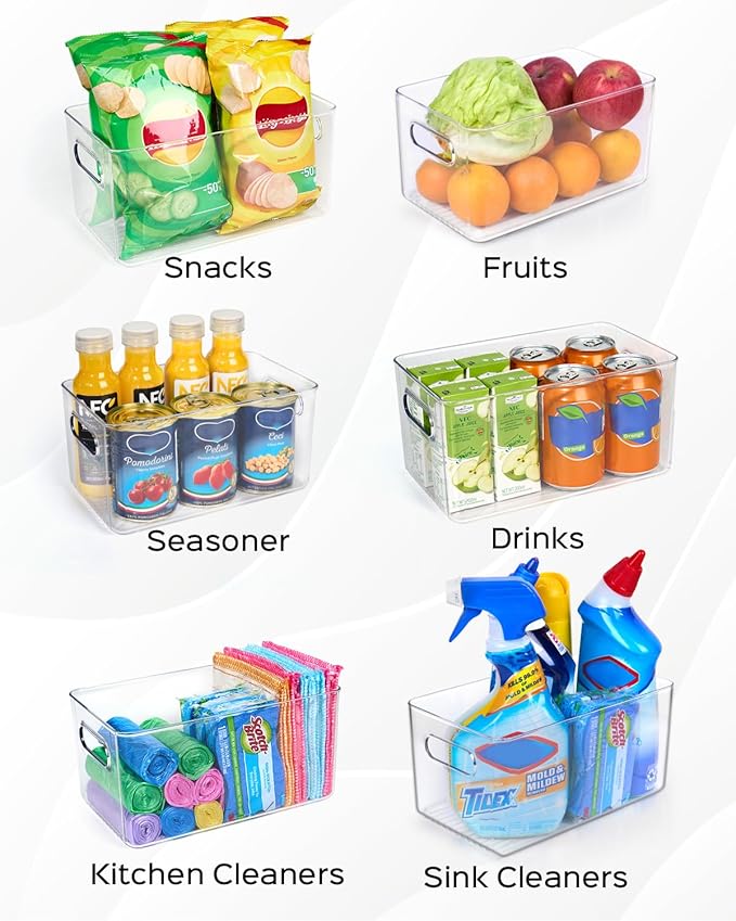 4 PCS Clear Plastic Storage Bins, Refrigerator Organizer Bins with Handles, Pantry Organizer Bins for Food, BPA-Free for Fridge, Freezer, Kitchen, Cabinet, Pantry, 10" Long-NeatNest