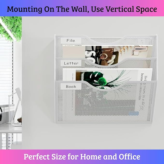 3 Pocket Wall File Holder Organizer, Mesh Hanging Wall Mounted Document Paper Folder Filing Magazine Rack with Nametag Label for Office Home School, 3 Tier White