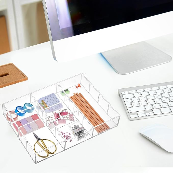 Acrylic Drawer Organizer Clear Desk Drawer Organizer Trays with Adjustable Compartments Desk Accessories for Office Stationery Makeup Silverware Bathroom (Non Expandable)