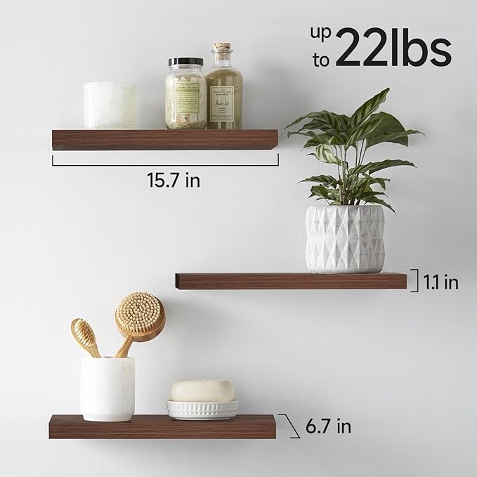 BAYKA Floating Shelves for Wall, Wall Mounted Rustic Wood Shelves for Bathroom, Bedroom, Living Room, Kitchen,Small Hanging Shelf for Books/Storage/Room Decor (Walnut-Like, Set of 3, 15.7in)-NeatNest
