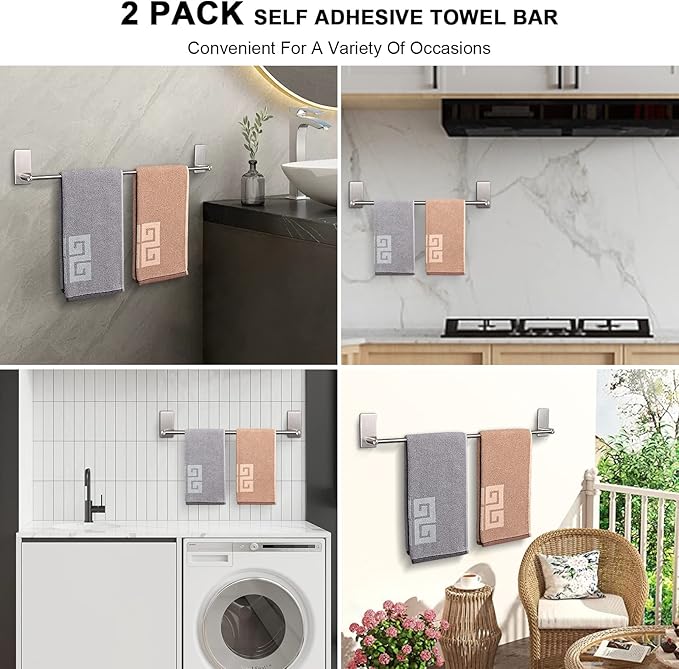 NearMoon Self Adhesive Bathroom Towel Bar- Stainless Steel Bath Wall Shelf Rack Hanging Towel Stick On Sticky Hanger Contemporary Style, NO Drilling (2 Pack, Brushed Nickel, 24-Inch Towel Rack)