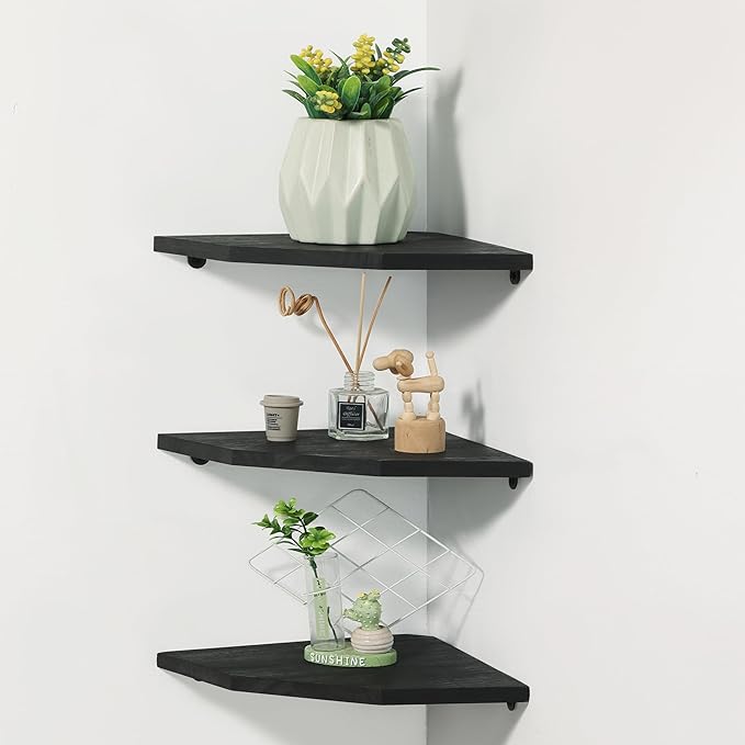 Corner Wall Shelves, Wood Corner Floating Shelves with Cable Raceway, Wall Mount Storage Display for TV Accessories, Monitor, Speaker, Cable Box, Game Console (Black, Diamond- 10 Inch)-NeatNest
