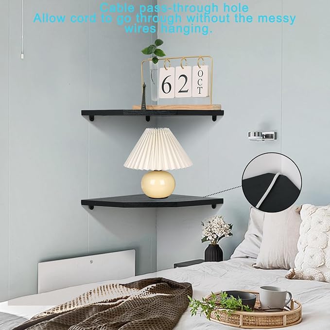 Corner Wall Shelves Set of 2, Rustic Wood Corner Floating Shelves with Cable Raceway, Wall Mount Storage Display for TV Accessories, Baby Monitor, Speaker, Cable Box (Black, Diamond- 12 Inch)-NeatNest