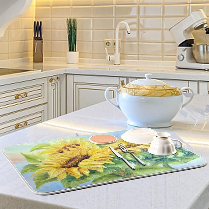 Absorbent Dish Drying Mat for Kitchen Counter - Oil Painting Sunflower Microfiber Drying Pad, Reversible Drainer Mats for Countertop, Small 16" x 18"