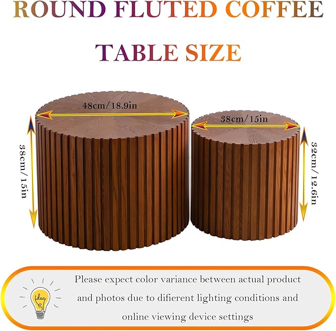 Handcraft Round Nesting Coffee Table - Chic Wave Stripe Edge, Modern Stylish Walnut Wooden Circle Fluted Center Table for Living Room (18.9in+15in)