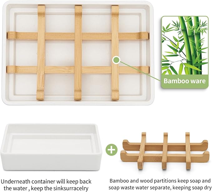 Bamboo Soap Dishes for Shower Wooden Soap Bar Holder for Bathroom Soap Tray Easy to Clean, Durable and with Non-Slip Pads(Single White Square)-NeatNest