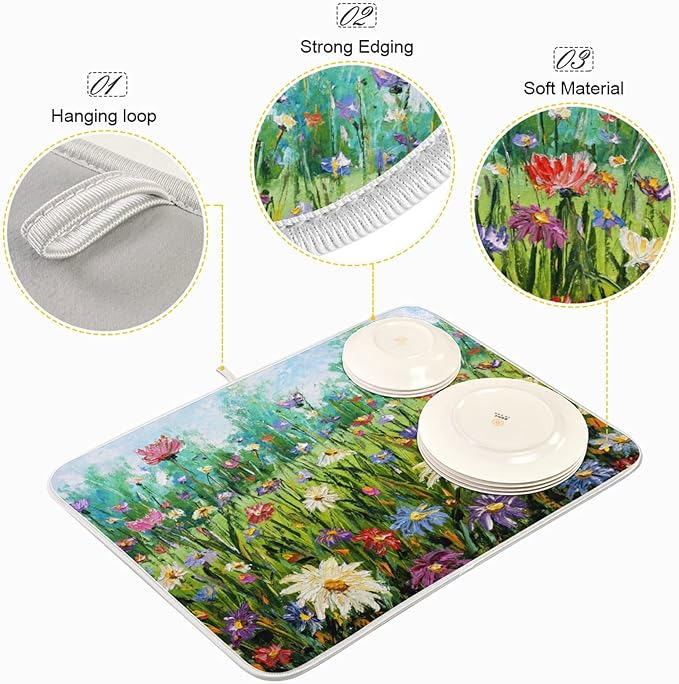 Absorbent Dish Drying Mat for Kitchen Counter - Oil Painting Flowers Microfiber Drying Pad, Reversible Drainer Mats for Countertop, Large 18" x 24"