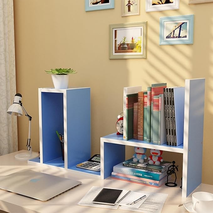 Desktop Shelf Organizer, Adjustable Wood Office Storage Rack, Counter Display Small Bookshelf for Home/Office/School(Blue)-NeatNest