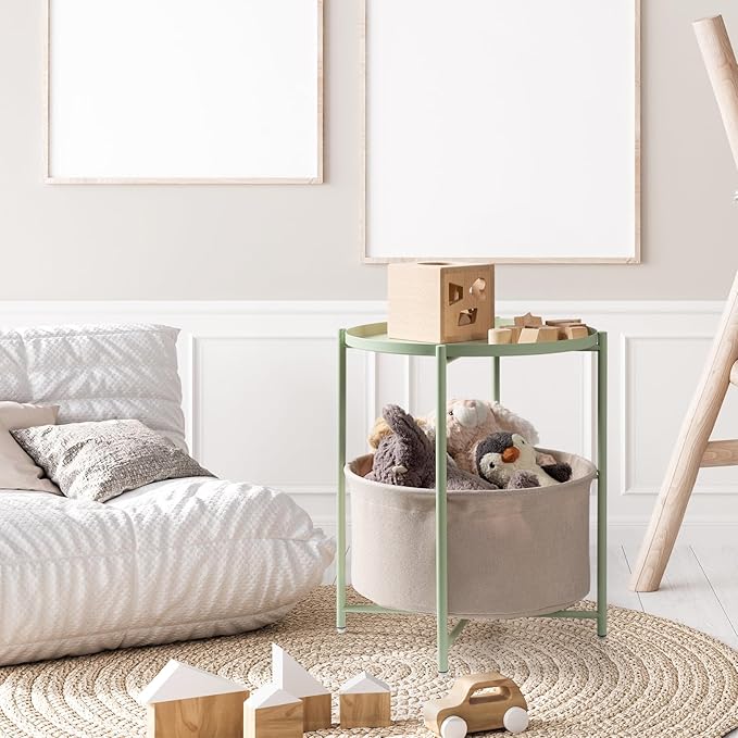 danpinera Round Side Table with Fabric Storage Basket, Metal Side Table Small Bedside Nightstand with Removable Tray Top for Living Room, Bedroom, Nursery, Laundry, Light Green-NeatNest