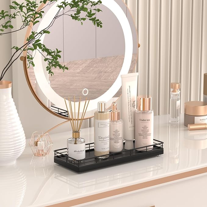 Bathroom Tray for Counter, Oak Wooden 11.2" L Decorative Vanity Tray for Dresser Tops Perfume Jewelry Makeup Candle Soap Sponge Holder for Kitchen Countertop Organizer Coffee Table Decor Bar Black-NeatNest