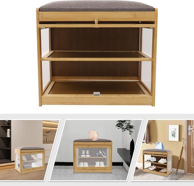 Eapmic Shoe Storage Bench, Entryway Shoe Rack Bench with Padded Seat Cushion, 2-Tier Shoe Cabinet, Bamboo Shoe Organizer for Hallway Bedroom Living Room Front Door (Burlywood, 19.69 * 12.6 * 17.32in)