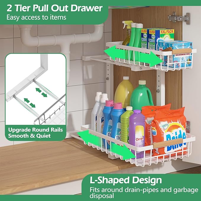ADRIMER Under Sink Organizer 2 Packs, Pull Out Kitchen Sink Organizer, 2 Tier Slide Out Kitchen Organizers and Storage Bathroom Under Cabinet Storage Shelf, White-NeatNest