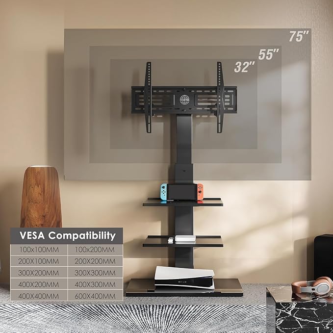 FITUEYES Iron Base Universal Floor TV Stand with Swivel Tilt, TV Mount Stand for 32-75 Inch Screens, Corner TV Stand with Height Adjustable Entertainment Shelves (Black)