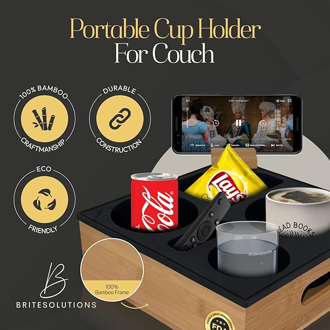Bamboo Couch Cup Holder ā 100% Wood Frame & Removable BPA-Free Silicone ā Waterproof Anti-Spill Couch Tray & Couch Caddy for Bed, Sofa & Car Seat ā Holds Snacks, Beverages & Remote-NeatNest