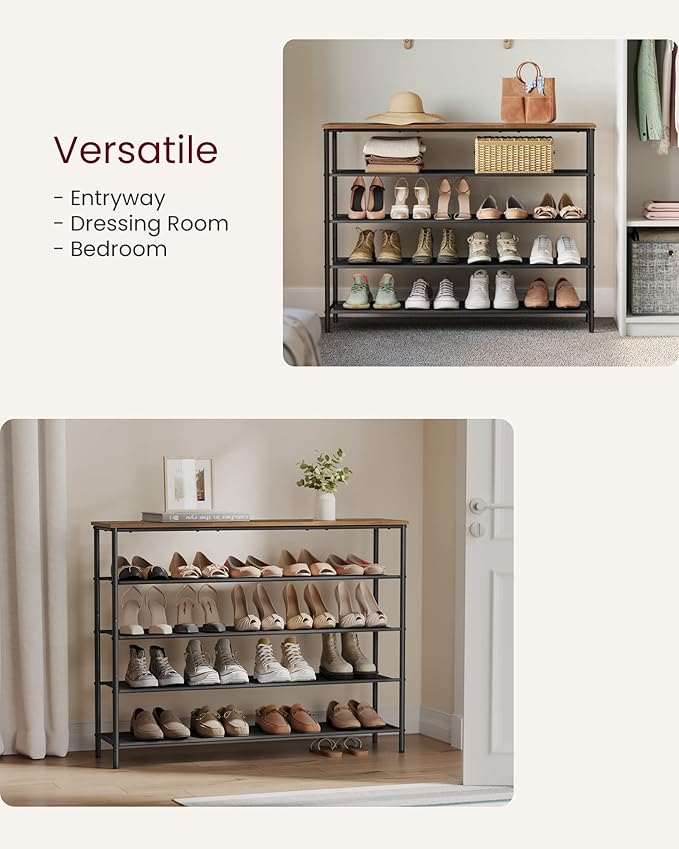 VASAGLE Shoe Rack, 5-Tier Shoe Storage Organizer for Entryway and Closet, Holds 20-24 Pairs of Shoes, 4 Fabric Shelves, Steel Frame, Industrial, Rustic Brown and Black ULBS136B01-NeatNest