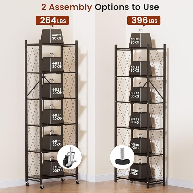 ALANNG 73.6 Inch Folding Bookshelf, 6 Tier Metal Bookcase and Bookshelves, Tall Shelves for Living Room Office Bedroom, Heavy Duty Book Shelve Free Standing Open (Black, 1PACK)