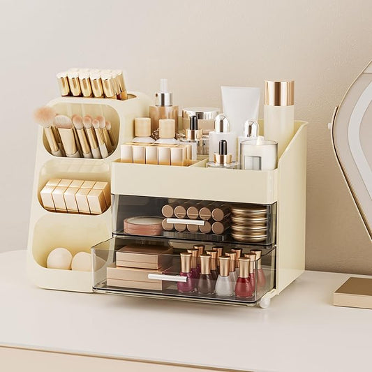 Delamu Makeup Organizer with Drawers for Vanity, Spacious Cosmetic Display Case with Makeup Brush Holder, Perfect Vanity Bathroom Organizer and Storage Solution for Skincare & Beauty Essentials, Beige-NeatNest