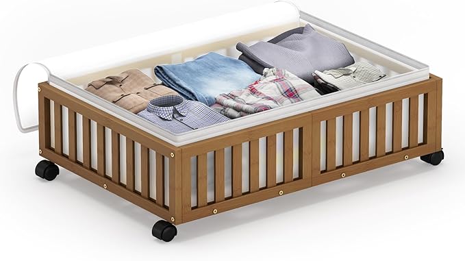 Bamboo Under Bed Storage Containers with Wheels, Rolling Under the Bed Shoe Storage Bins, Wood Stackable Underbed Drawers with Bag Organizer for Bedroom Closet Clothing Under Crib Toy Walnut 1PCS-NeatNest