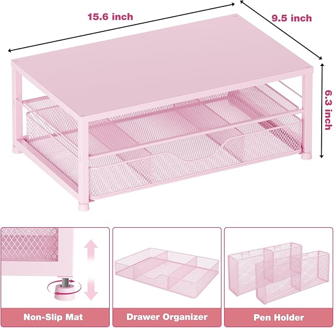 Desk Organizer and Accessories, 2-Tier Computer Monitor Stand Riser with Drawer and 2 Pen Holders, Laptop Stand, Office Desk Accessories for Office Supplies, Pink