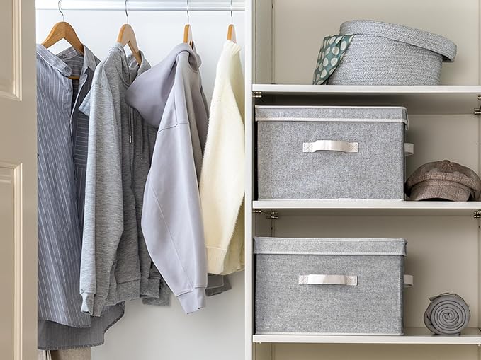 StorageWorks Fabric Storage Bins with Lid, Decorative Storage Boxes for Shelves, Stackable Closet Organizer Basket with Handles, Large, Gray, 2-Pack-NeatNest