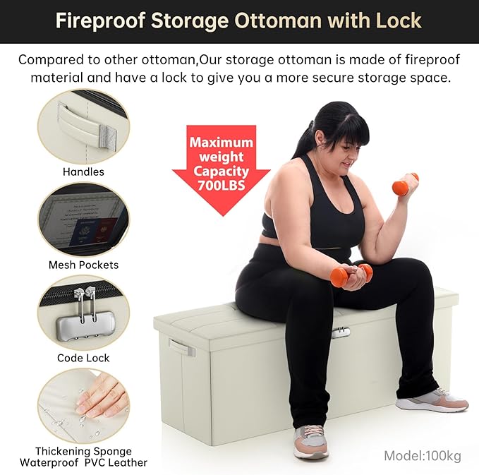 DocSafe Storage Ottoman Bench,Fireproof&Waterproof Folding Bench with Lock(15”x 43”x15”),Leather Storage Chest with Handles&2 Extra Boxes,Ottoman Safe for Bedroom,Living Room,Home Office,Beige-NeatNest