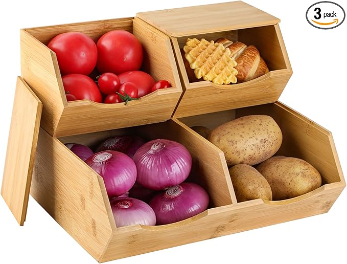 Bamboo Pantry Storage Bins with Lid - Stackable Baskets, Potato and Onion Storage, Wood Storage Bins for Pantry Baskets Organization and Storage, Kitchen Essential, Set 3 Pieces
