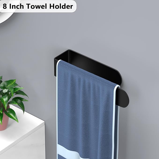 HUFEEOH Adhesive Hand Towel Holder, 8 Inch Sticky Towel and 14 Inch Bar Towel Holder Wall Mounted, Stainless Steel Kitchen Towel Holder Hand Towel Rack for Bahtroom Hotel RV Kitchen (Black 8"&14”)