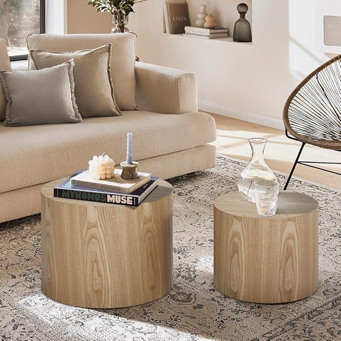 Nesting Coffee Table Set of 2, Round Side Tables Set, Wooden Accent Table, Modern End Tables, Minimalist Circle Table for Small Space Living Room Bedroom, Oak