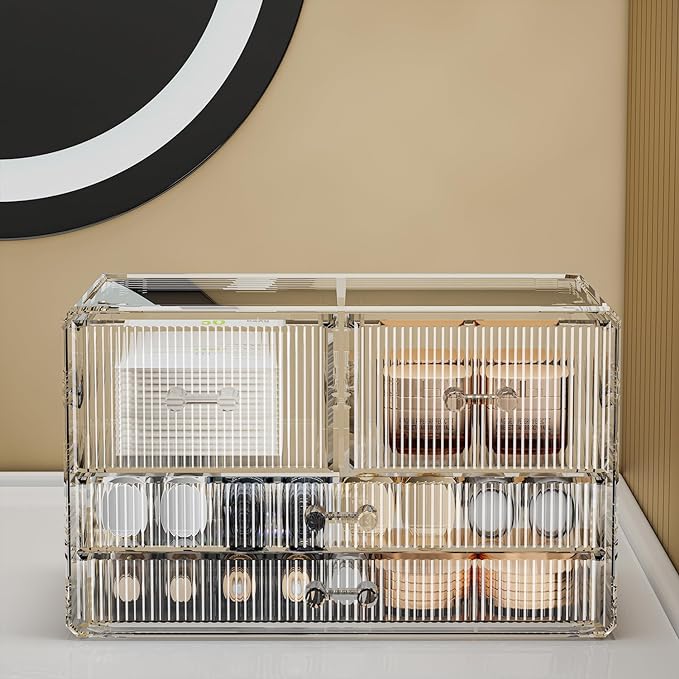 ZHIAI Stackable Storage Drawers, Acrylic Bathroom Counter Organizer Clear Makeup Organizers for Vanity, Kitchen Cabinets, Bathroom, Undersink, Home Organization and Storage (4 Drawers, Pattern D)-NeatNest