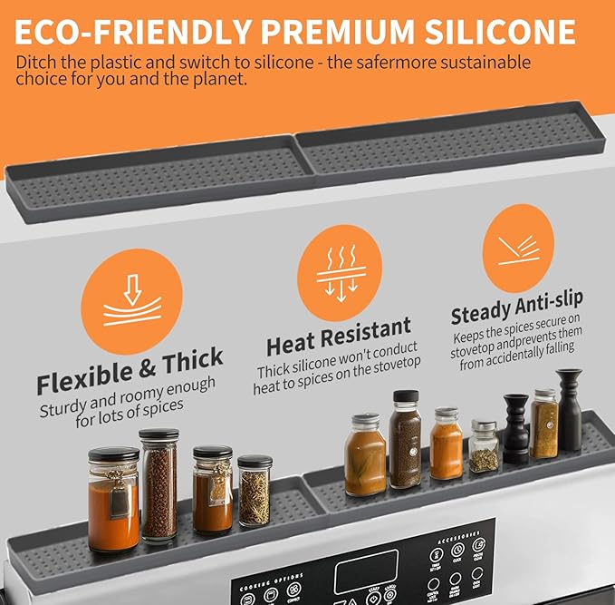 BFONS 30" Magnetic Stove Top Shelf Spice Rack Storage, Silicone Top Heat Material Stove Rack Shelf Flexible Seasoning Organizer Kitchen Shelves Gadgets with 2 Functional Prtitions for Kitchen (Grey)-NeatNest