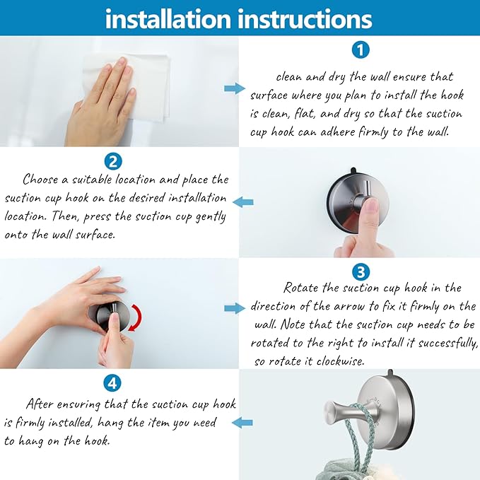 DGYB Suction Cup Hooks for Shower 2-Pcs Heavy-Duty 15LB Max Load, 304 Stainless Steel & PVC, No Drill Bathroom Wall Hooks for Towels, Robe, Loofah (Brush)-NeatNest