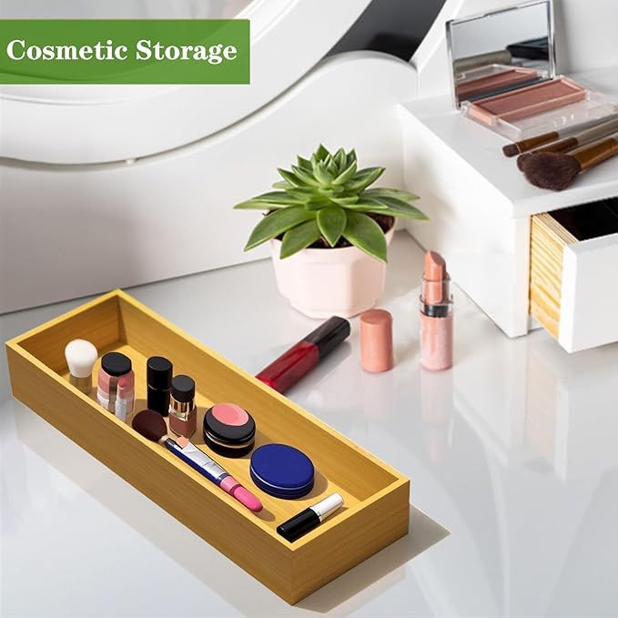 Bamboo Drawer Silverware Organizer, Flatware Organizer, Bamboo Storage Box for Office, Bathroom and other objects storage (large14.2 x5 x2 Small 9.85"x3.55"x1.78"- Set of 4)-NeatNest