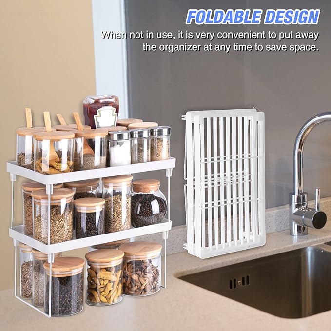 NiHome 4-Pack Stackable Plastic Kitchen Storage Shelf Foldable Rack - White Kitchen Cabinet Organizer and Storage Shelves Stackable Expandable Storage Racks for Counter Cabinet Pantry-NeatNest