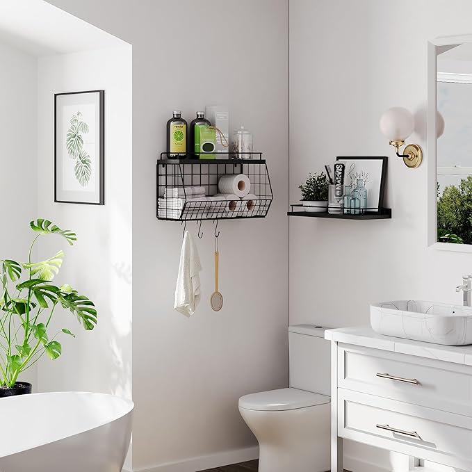 Bathroom Shelves Over Toilet Wall Mounted Floating Shelves with Wire Basket and Hooks Metal Shelf Organizer for Bathroom, Bedroom, Living Room, Kitchen, Home Storage-NeatNest