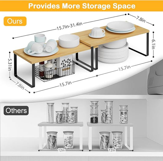Cabinet Shelf Organizers, 15.7 inches Large Kitchen Counter Shelf, Set of 4 Wood Kitchen Pantry Organizer, Storage Shelves for Countertop, Spice Rack, Stackable, Expandable, Metal Black, Nature-NeatNest