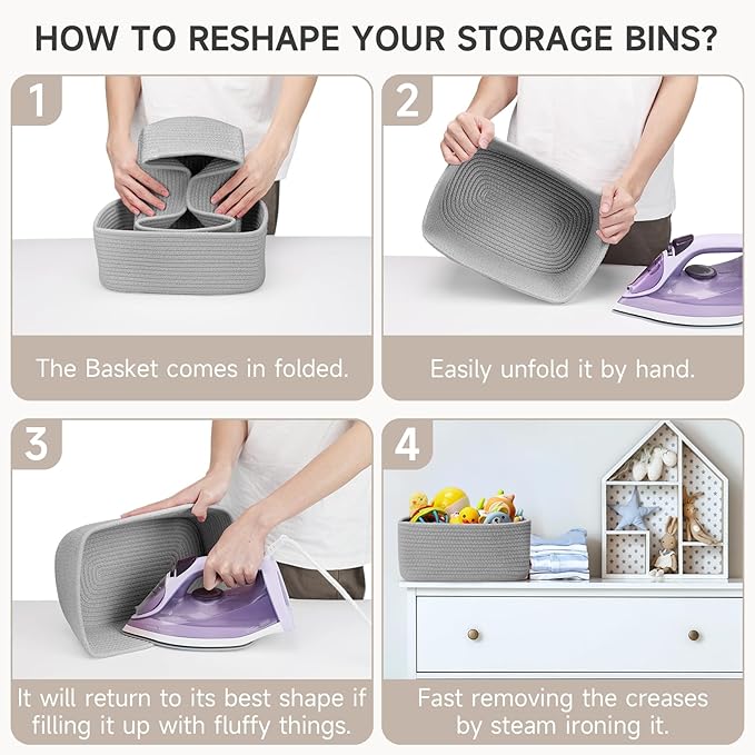 3-Pcs Shelf Baskets for Organizing, Closet Organizer Bins, Small Woven Baskets, Rope Toy Basket, Storage Basket for Shelves, Cube Decorative Box, 11.8×7.8×5.1”, Grey-NeatNest