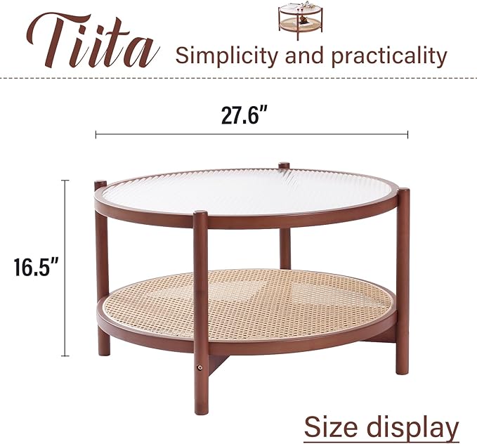 Tiita Rattan Nightstand Side Table, Bamboo Accent Bedside Tables, Glass Coffee Tables, Boho Wooden End Table with Storage for Small Space, Living Room and Bedroom