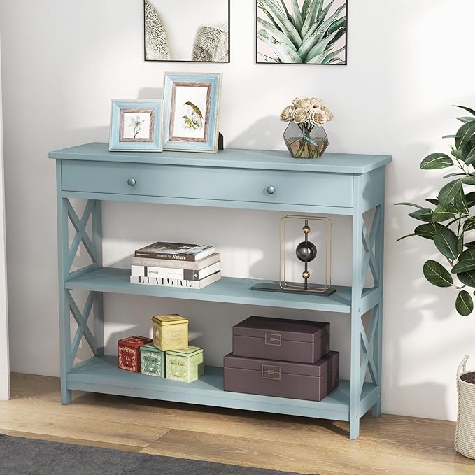 GOFLAME 39" Console Sofa Table with Drawers, 3-Tier Narrow Entry Table with Storage Shelves for Living Room Behind Couch, Entryway, Hallway (Green)-NeatNest