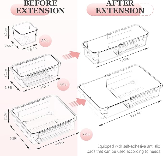 DILIBRA 16 Pcs Clear Extendable Drawer Organizer, Adjustable Drawer Storage 3-Size Desk Drawer Organizer, Plastic Non-Slip Storage Bins for Makeup, Cosmetic, Jewelries, Utensils, Stationery, Dressers-NeatNest