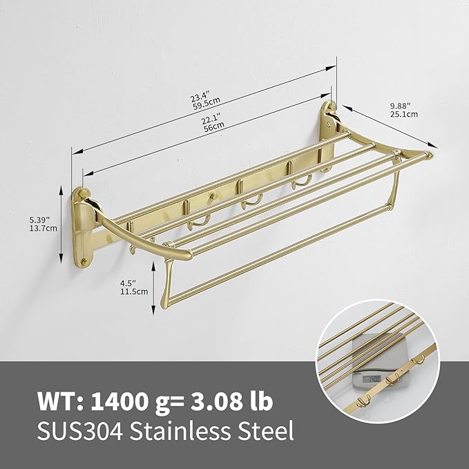 BESy 24 Inch Brushed Gold Towel Racks, Bathroom Towel Shelf with Foldable Towel Bar Holder and Towel Hooks, Wall Mounted Multifunctional Bathroom Accessories, Double Towel Bars-NeatNest