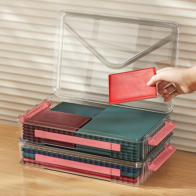 Lemical Clear File Box with Lids Portable Project Case for Storage A4 File Folder Box Stackable Storage Containers for Organizing 8.5 X 11 Paper, Magazines, Stamps, Photos, Cards (Red)