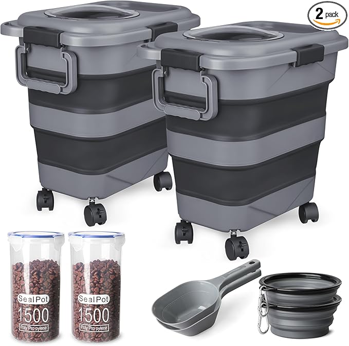 Dog Food Storage Container,2 Pack 25 lbs Airtight Collapsible Cat Food Storage Container with Attachable Wheels, Portable Handle, Dog Food Scoop for Dog Cat Bird Pet Dry Food Storage Bin Large-NeatNest