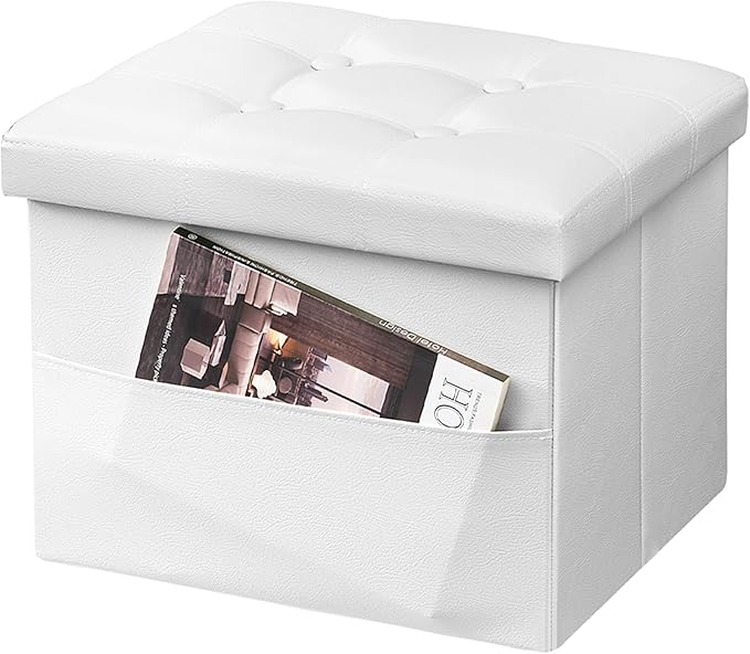 AmasSmile Storage Ottoman Folding Foot Rest Stool with Side Pocket, 17 inch Leather Footstool Bench, Short Ottoman Bench, Storage Foot Rest Store, Blanket Chest, White-NeatNest